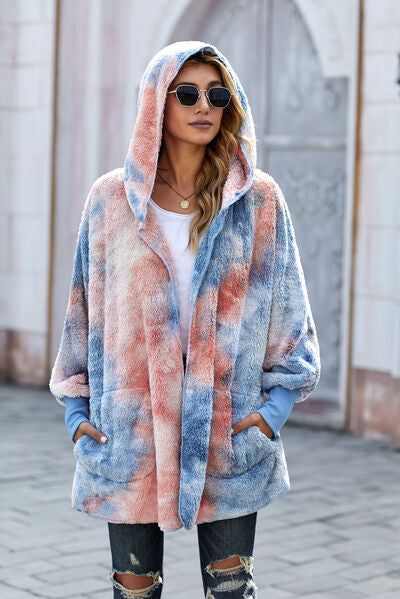 swvws Tie-Dye Plush Hooded Jacket with Pockets