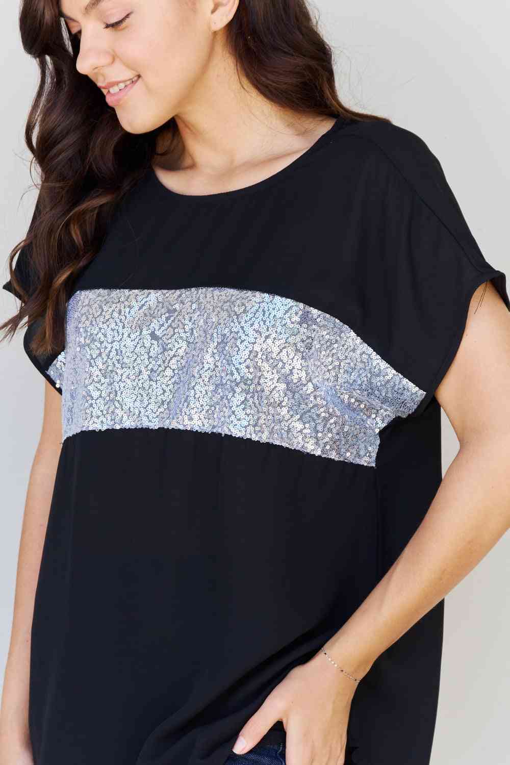 swvws Sew In Love Shine Bright Full Size Center Mesh Sequin Top in Black/Silver