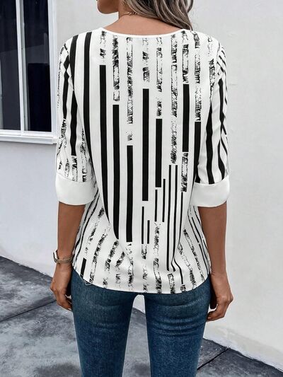 swvws Striped Notched Half Sleeve Blouse