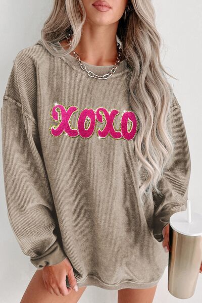 swvws XOXO Sequin Round Neck Dropped Shoulder Sweatshirt