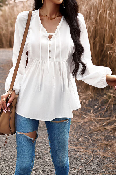 swvws Tied Decorative Button Balloon Sleeve Blouse