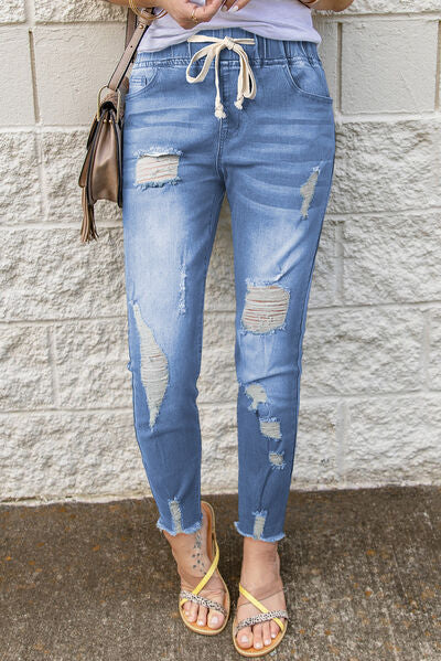 swvws Drawstring Distressed Raw Hem Jeans with Pockets