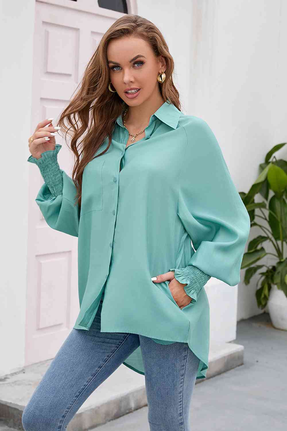 swvws High-Low Collared Neck Lantern Sleeve Shirt