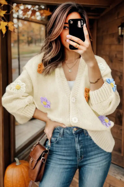 swvws Flower Button Up Long Sleeve Cardigan