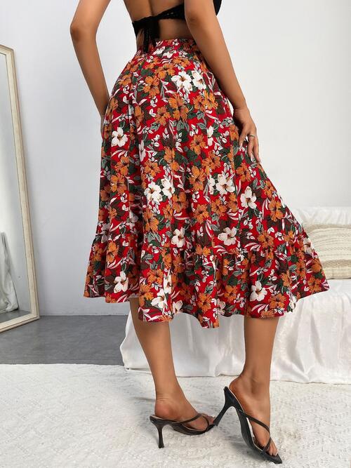 swvws Printed Ruffle Hem Midi Skirt