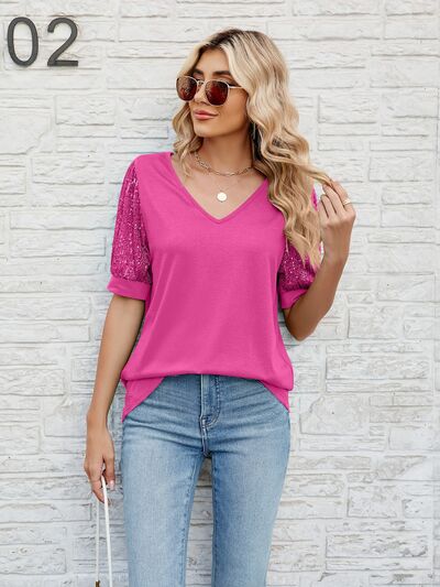 swvws Sequin V-Neck Short Sleeve Blouse