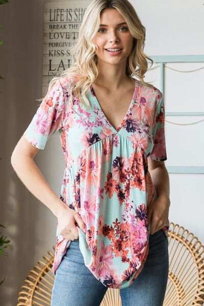 swvws Heimish Full Size Floral V-Neck Short Sleeve Babydoll Blouse