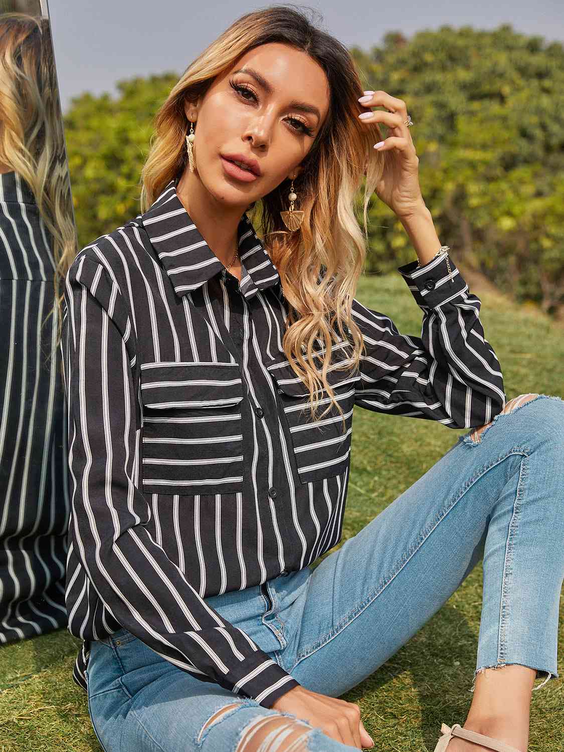 swvws Collared Neck Striped Long Sleeve Shirt