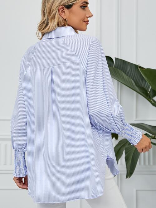 swvws Striped Button Up Smocked Long Sleeve Shirt