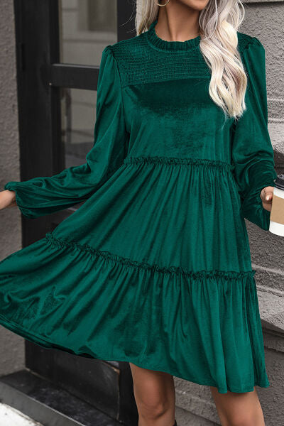 swvws Smocked Balloon Sleeve Frill Trim Tiered Dress