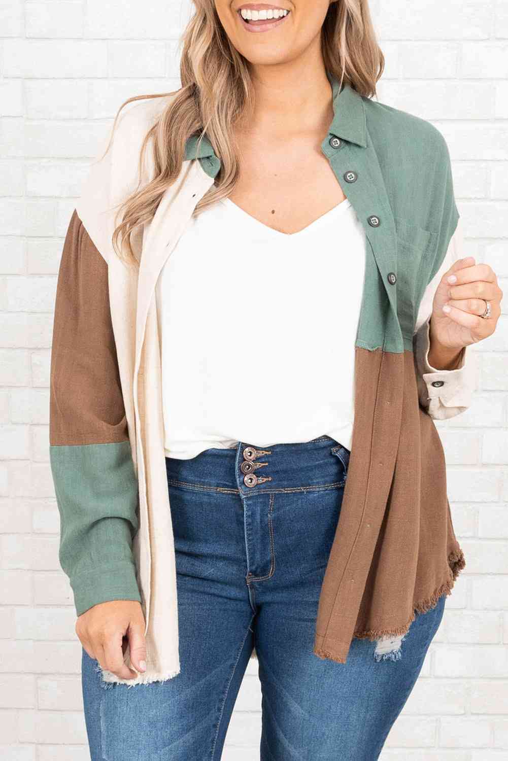 swvws Plus Size Collared Neck Color Block Raw Hem Shirt