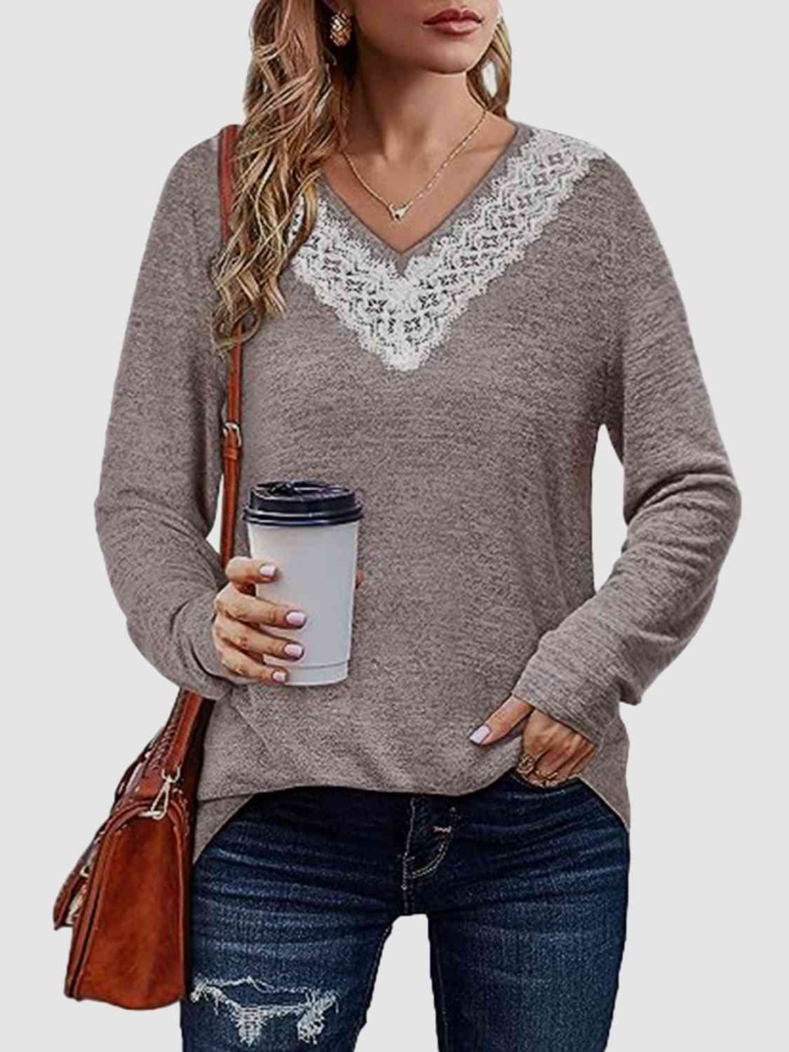 swvws Lace Detail V-Neck Long Sleeve Top