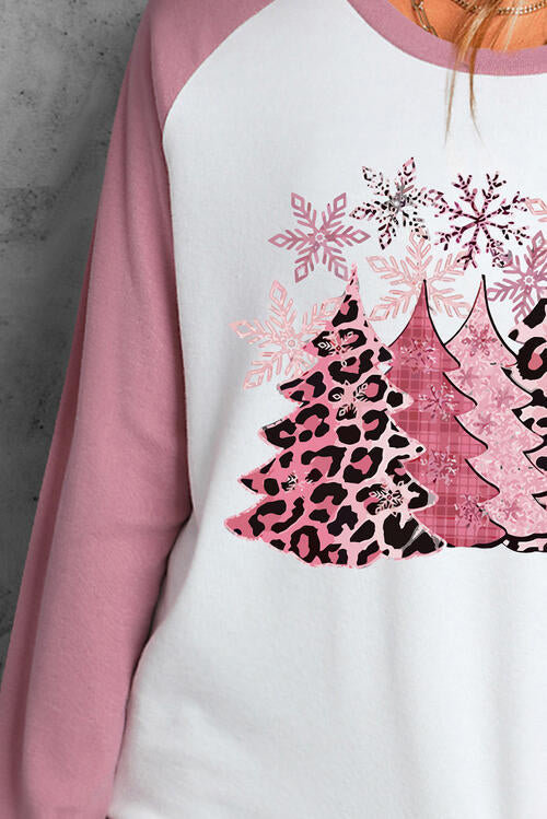 swvws Christmas Tree Graphic Round Neck Long Sleeve T-Shirt