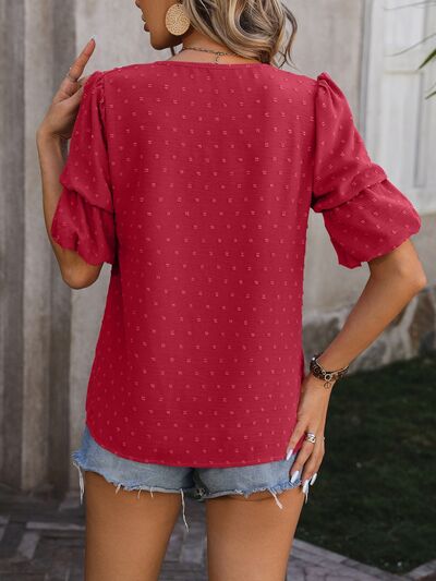 swvws Swiss Dot V-Neck Short Sleeve Blouse