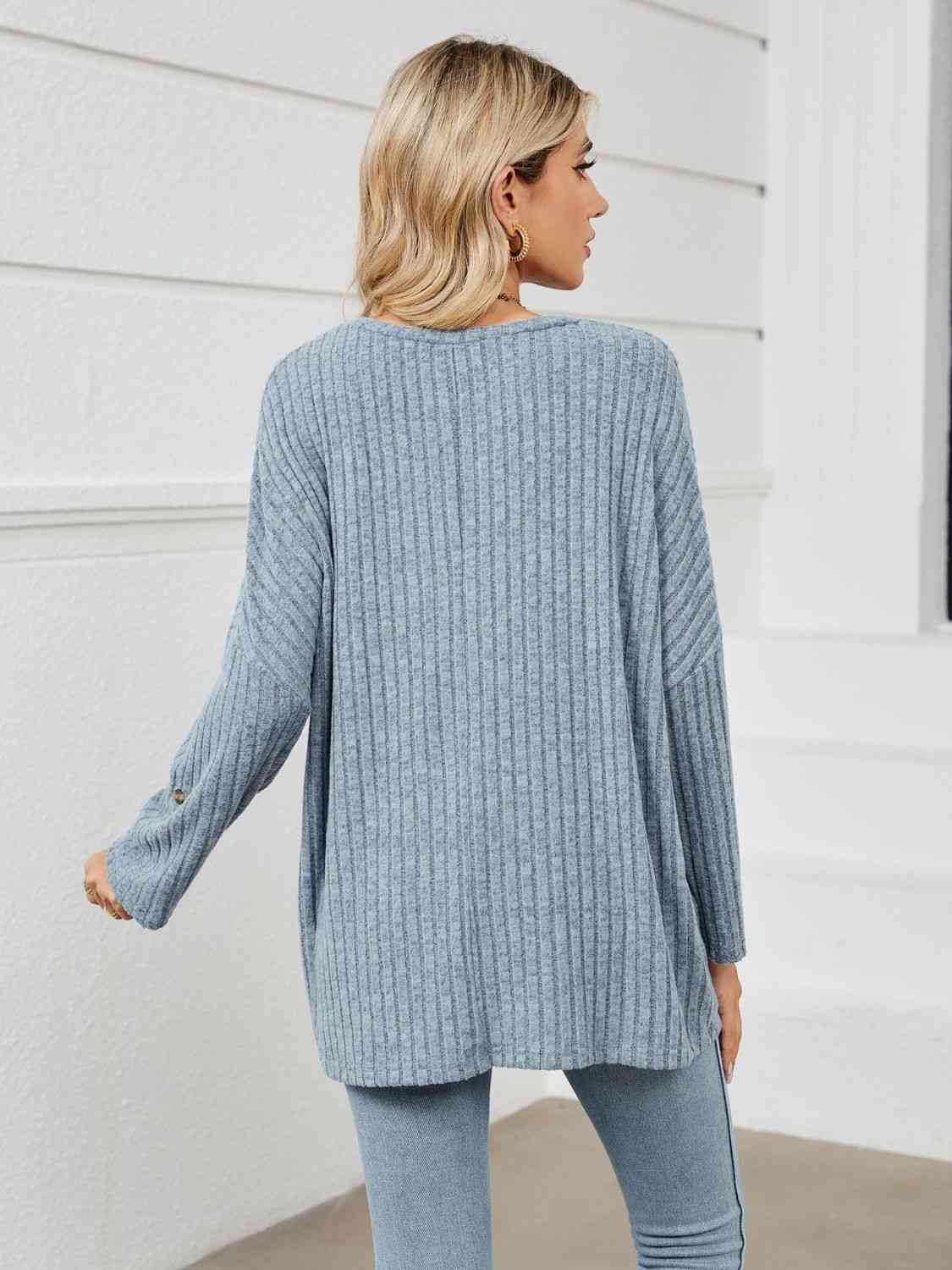 swvws Round Neck Ribbed Long Sleeve T-Shirt