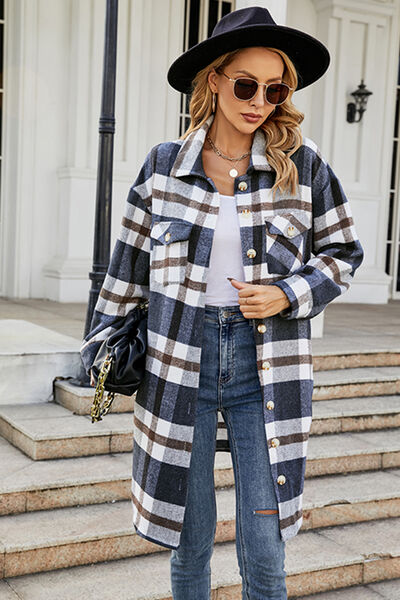 swvws Plaid Button Up Collared Neck Coat with Pockets