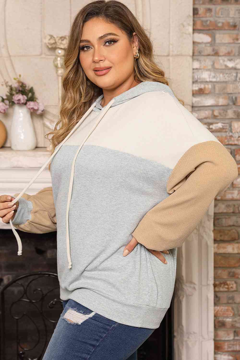 swvws Plus Size Color Block Drawstring Long Sleeve Hoodie