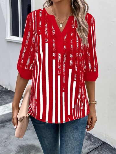 swvws Striped Notched Half Sleeve Blouse