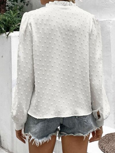 swvws Swiss Dot Lace Detail Button Up Long Sleeve Shirt