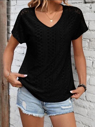 swvws Eyelet V-Neck Short Sleeve T-Shirt