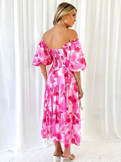 swvws Printed Smocked Off-Shoulder Tiered Dress