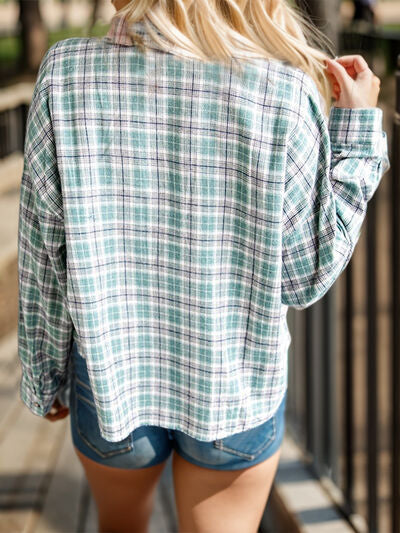 swvws Full Size Plaid Contrast Pocketed Dropped Shoulder Shirt