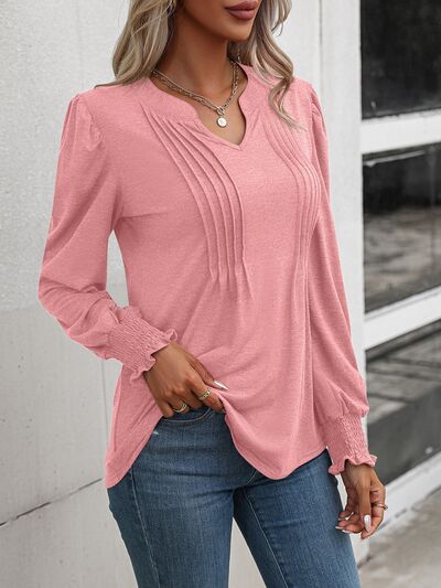 swvws Notched Smocked Lantern Sleeve Blouse