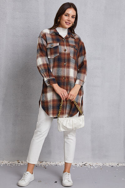 swvws Plaid Button Up Dropped Shoulder Coat with Pockets