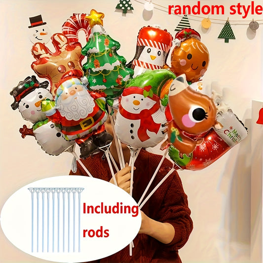 10pcs Christmas Balloon Set with Handheld Sticks - Assorted Festive Designs, Aluminum Foil, Perfect for Holiday Parties & Events Holiday Decorations