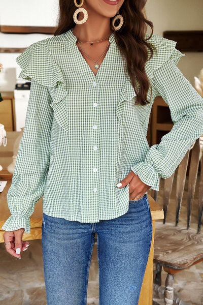 swvws Plaid Notched Flounce Sleeve Shirt