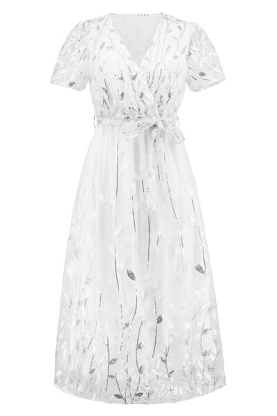 swvws Sequin Leaf Embroidery Tie Front Short Sleeve Dress