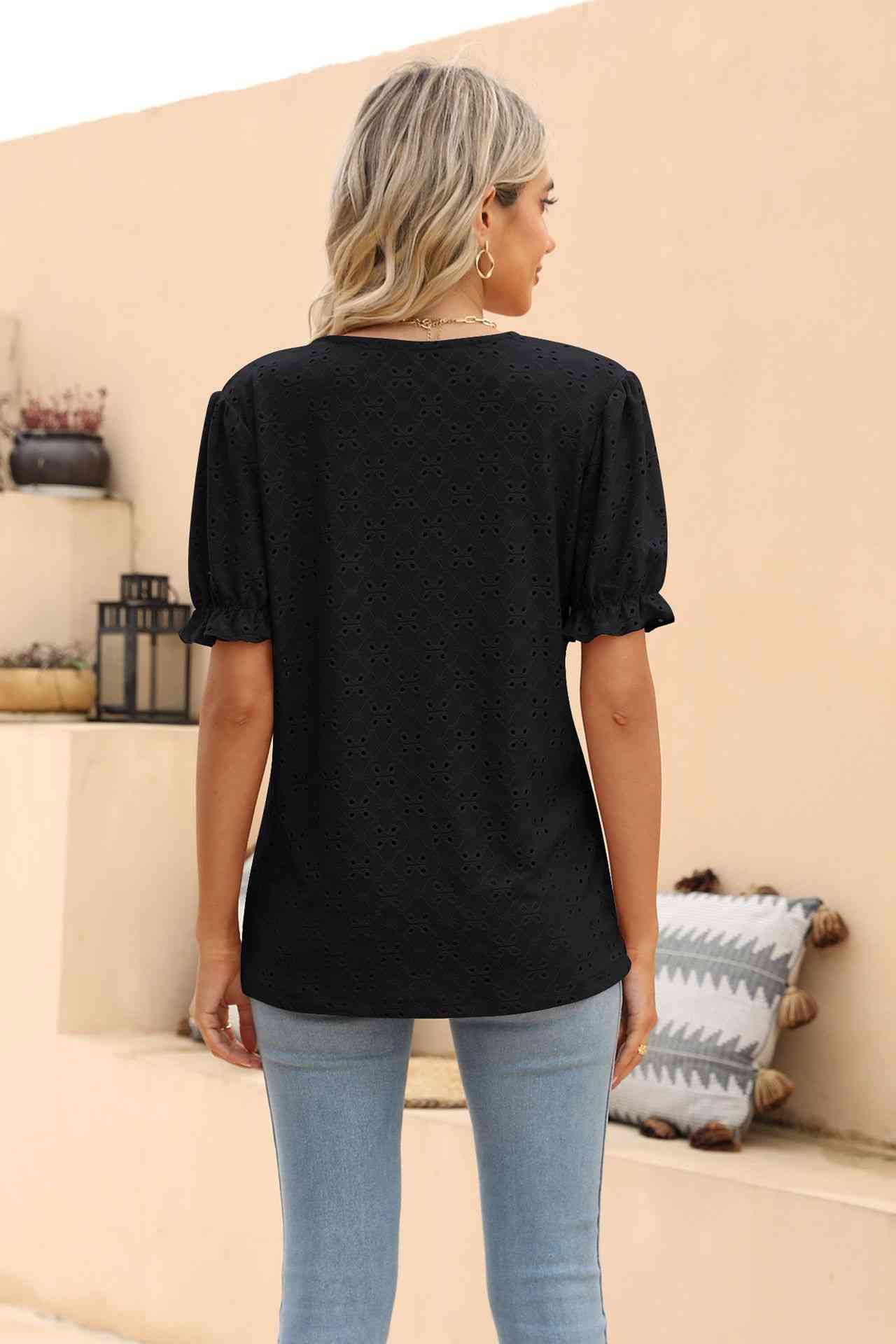 swvws Openwork Round Neck Flounce Sleeve T-Shirt