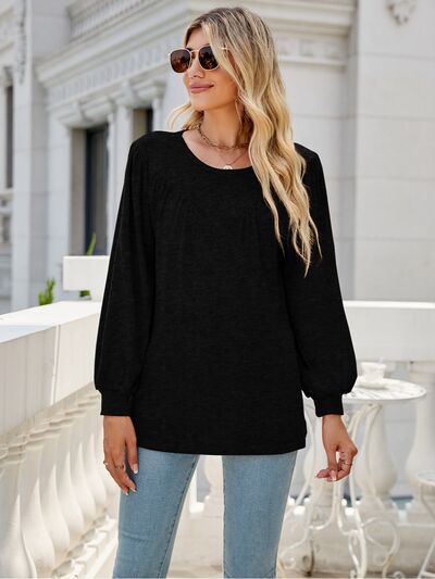 swvws Heathered Round Neck Lantern Sleeve Blouse