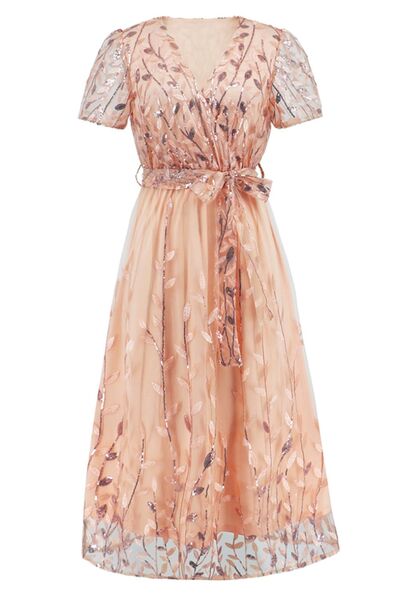 swvws Sequin Leaf Embroidery Tie Front Short Sleeve Dress