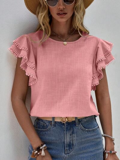 swvws Ruffled Cap Sleeve Round Neck Blouse