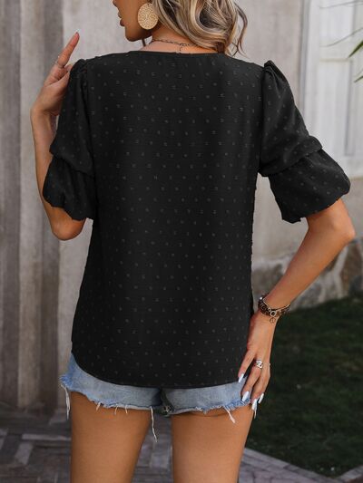 swvws Swiss Dot V-Neck Short Sleeve Blouse