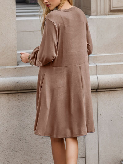 swvws Half Button V-Neck Long Sleeve Dress with Pockets