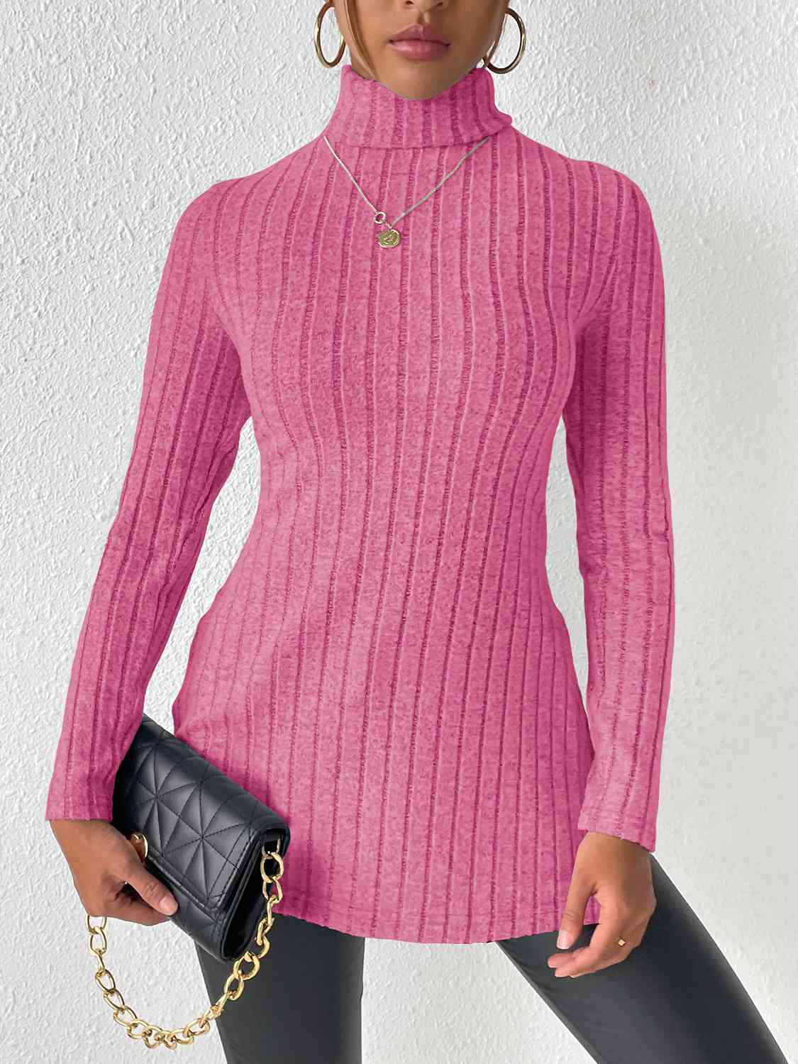 swvws Ribbed Turtleneck Long Sleeve Slit T-Shirt