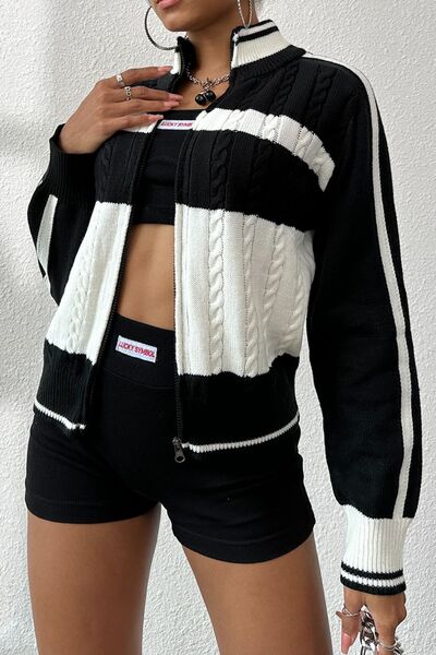 swvws Cable-Knit Color Block Raglan Sleeve Cardigan