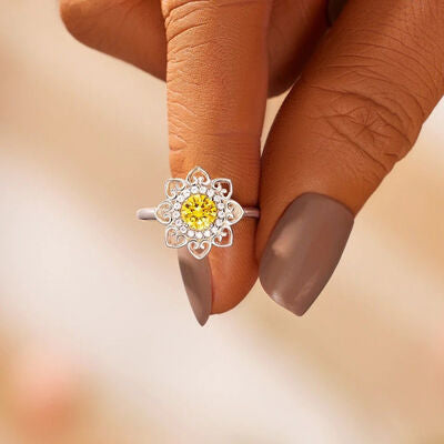 swvws Flower Shape Zircon Platinum-Plated 925 Sterling Silver Ring