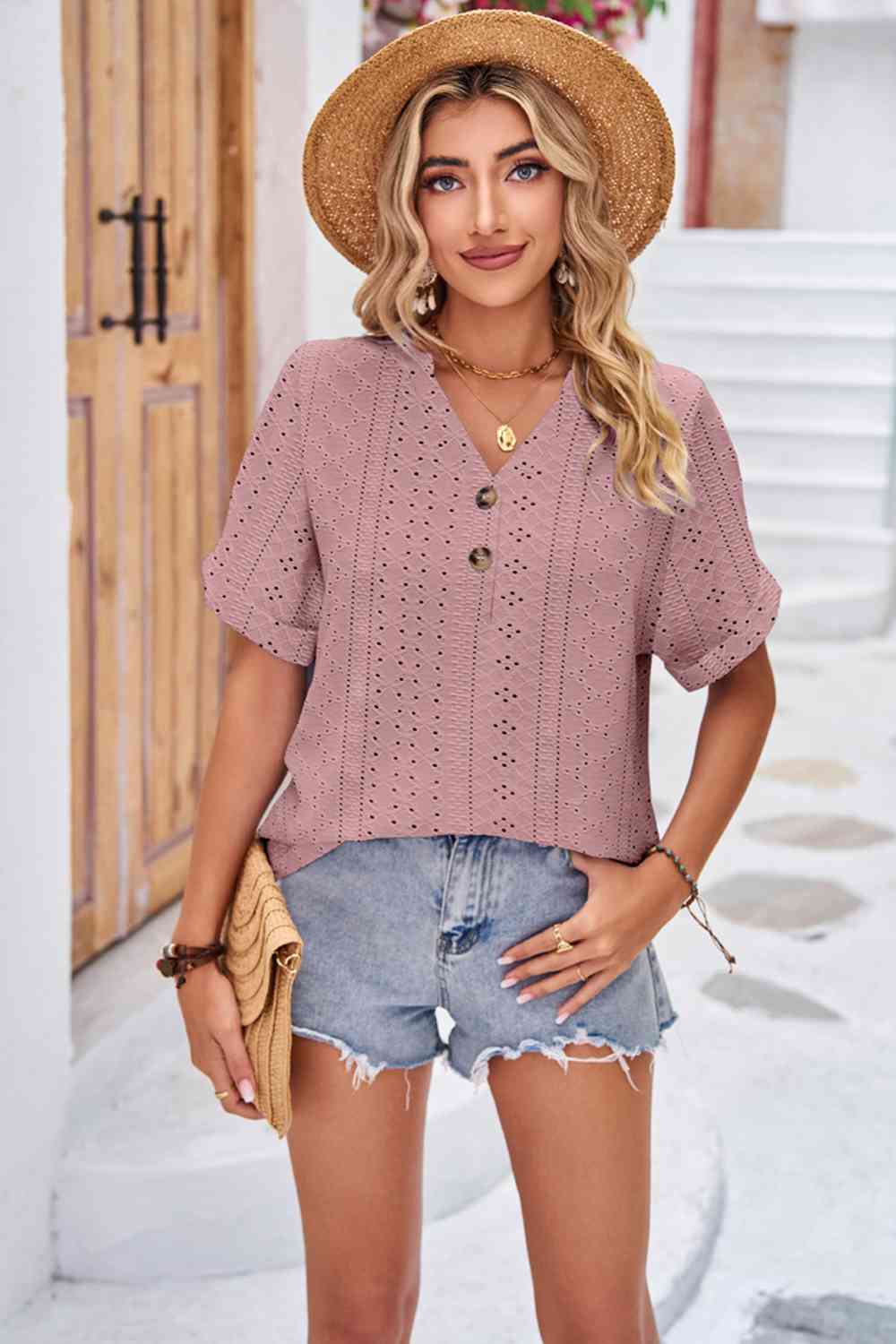 swvws Buttoned Notched Neck Eyelet Top