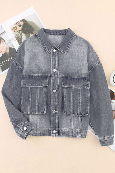 swvws Button Up Dropped Shoulder Denim Jacket with Pockets