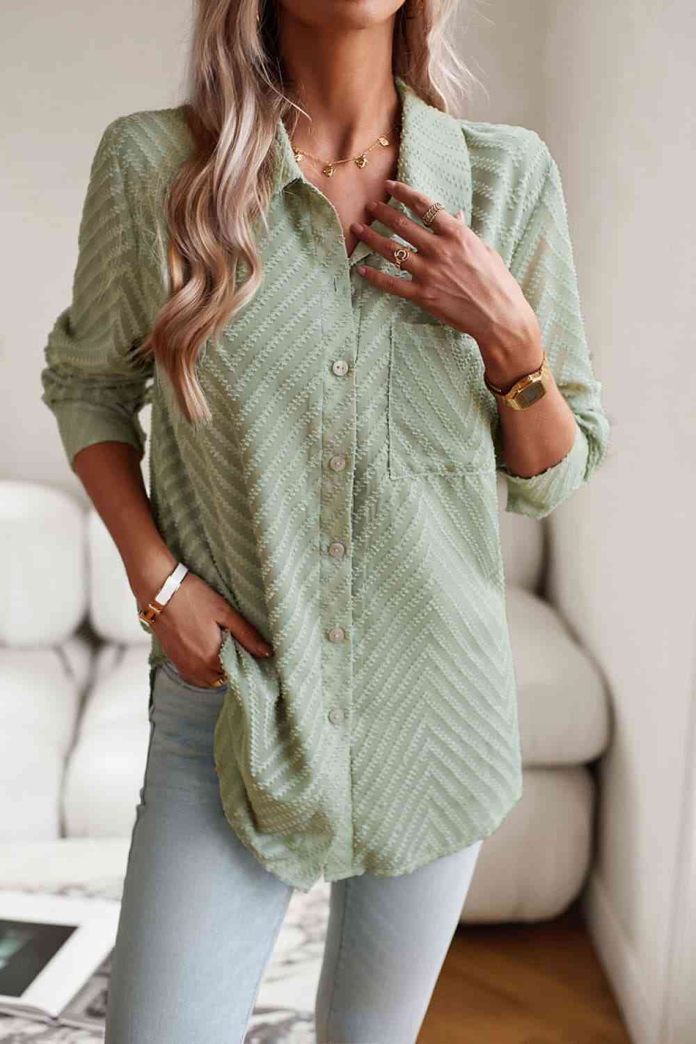 swvws Collared Neck Long Sleeve Pocketed Shirt