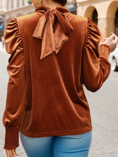 swvws Tied Mock Neck Puff Sleeve Blouse