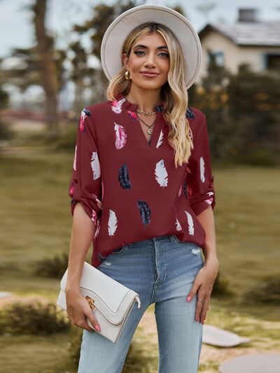 swvws Printed Frill Notched Roll-Tab Sleeve Blouse