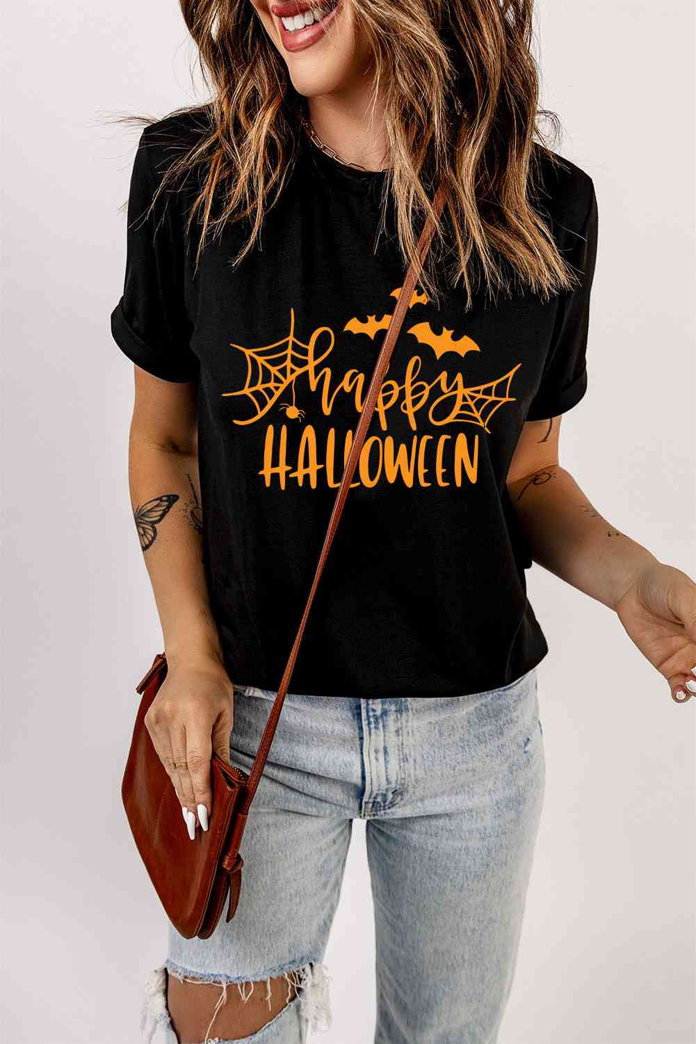 swvws Round Neck Short Sleeve HAPPY HALLOWEEN Graphic T-Shirt