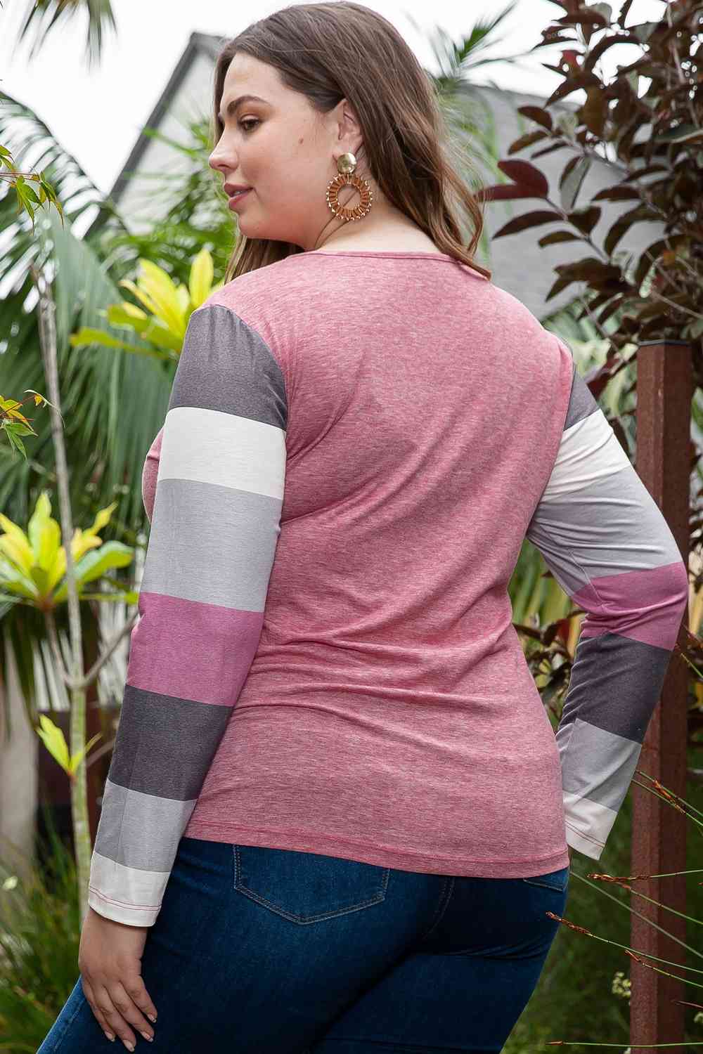 swvws Plus Size Round Neck Color Block Long Sleeve T-Shirt