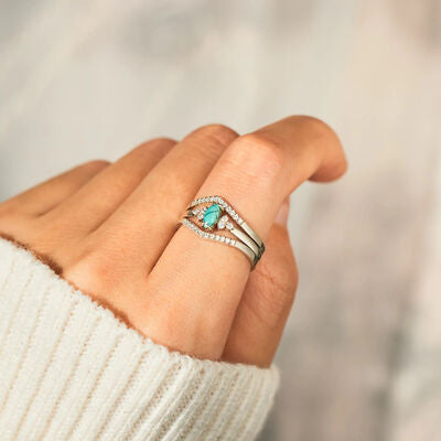 swvws Artificial Turquoise V Shape Inlaid Zircon Ring