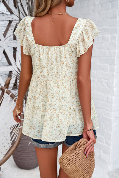 swvws Printed Square Neck Cap Sleeve Blouse