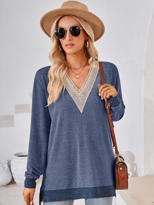 swvws Crochet Contrast V-Neck Long Sleeve Slit T-Shirt